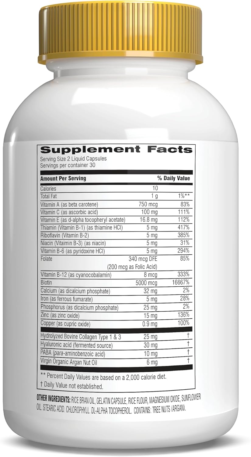 Botanic Choice Hair, Skin and Nails Vitamins - Biotin Supplement with Collagen, Vitamin C & Iron - Super Antioxidant Blend with Argan Oil & Hyaluronic Acid - 60 Liquid Capsules - görsel 2
