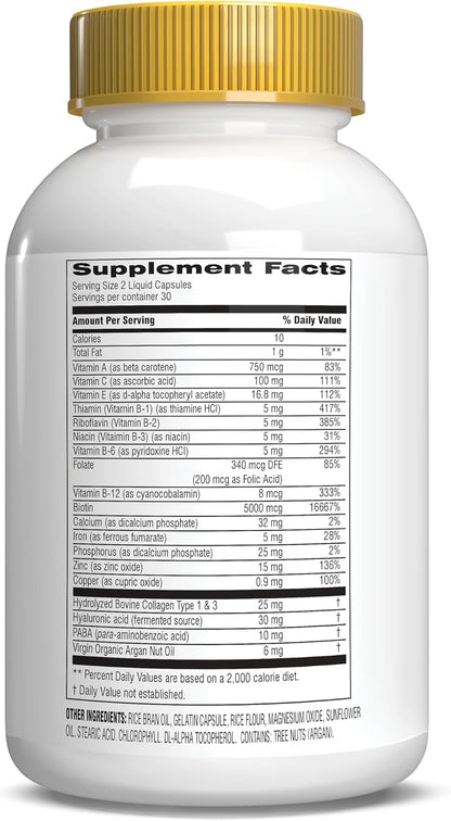 Botanic Choice Hair, Skin and Nails Vitamins - Biotin Supplement with Collagen, Vitamin C & Iron - Super Antioxidant Blend with Argan Oil & Hyaluronic Acid - 60 Liquid Capsules