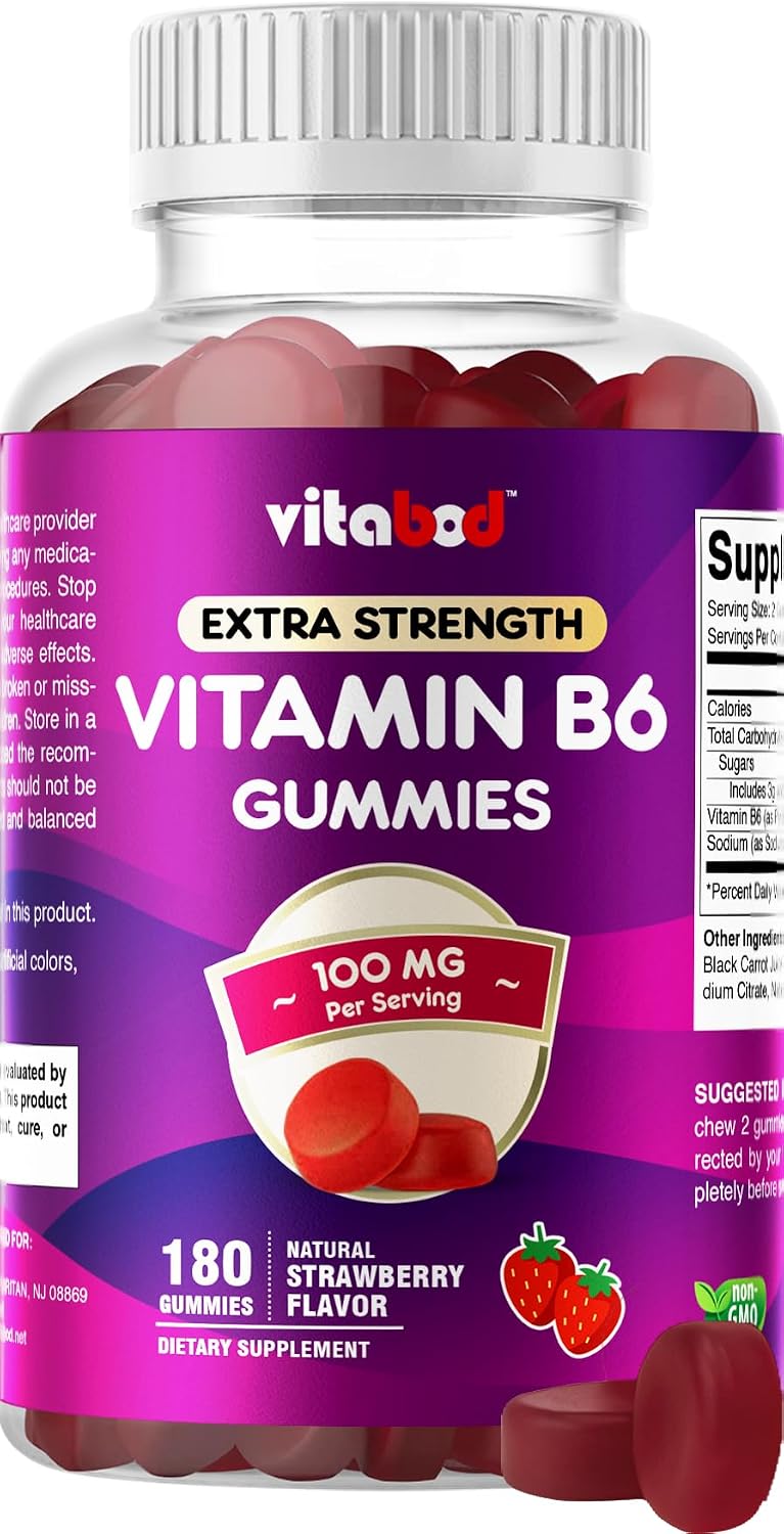 Vitabod Extra Strength Vitamin B6 Gummies 100mg – 180 Pectin-Based Gummies – Supports Energy Metabolism and Nervous System Health – Non-GMO - görsel 1