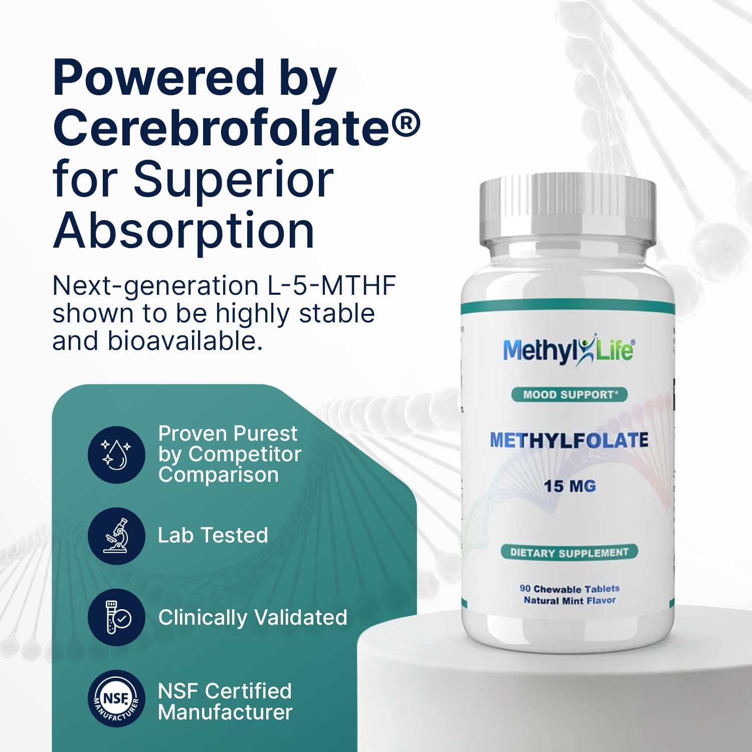 Methyl-Life® L-Methylfolate 15 mg – Active Folate Supplement with Cerebrofolate® – Chewable Tablets (90 Tablets) - görsel 9