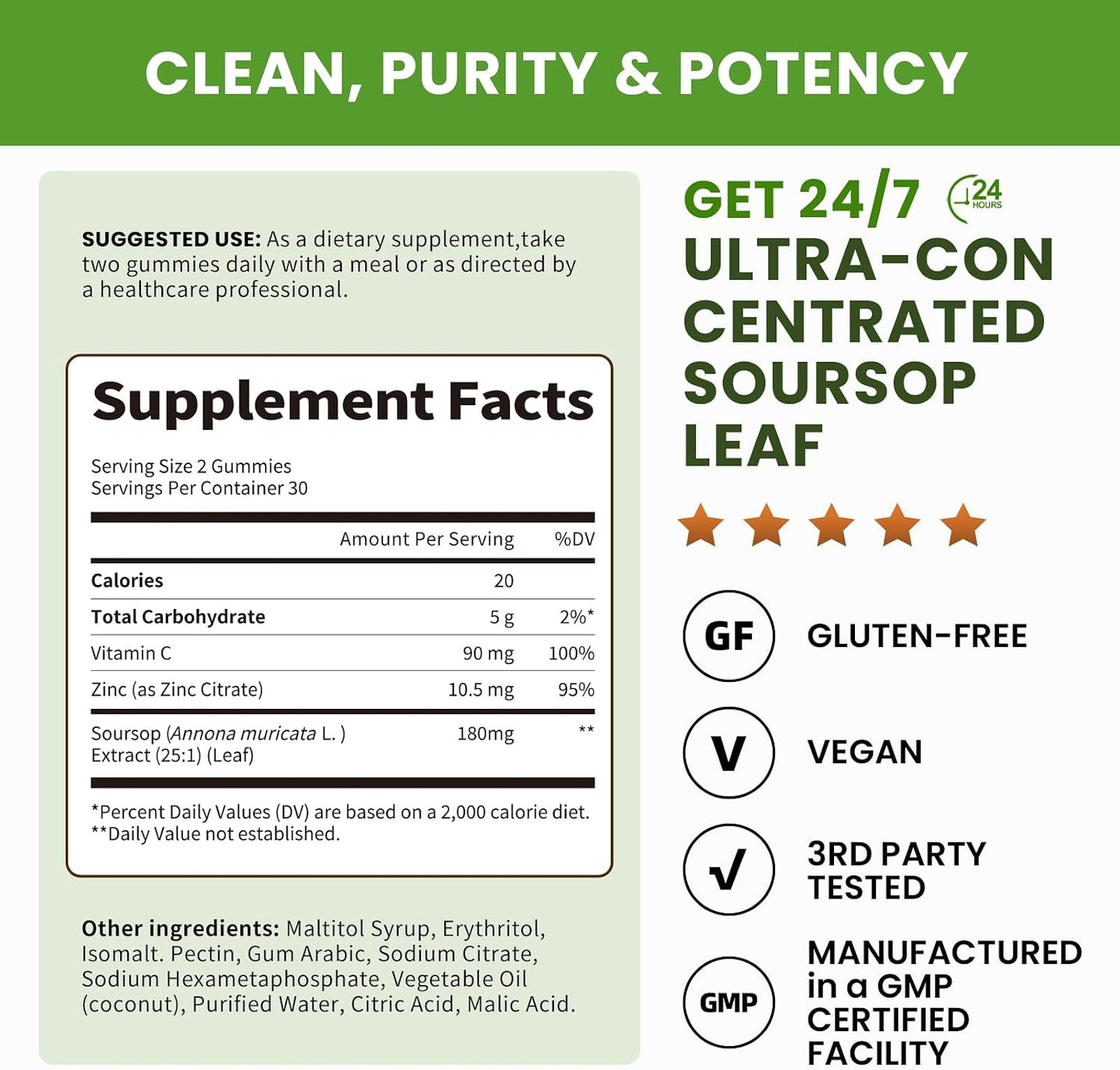 (2 Pack) Soursop Graviola Gummies - Concentrated Soursop Leaf Extract with Vitamin C, Zinc & Whole Natural Food for Immunity, Liver, Calming & Antioxidant, Sugar Free, Gluten-free, Vegan, 60 Gummies - görsel 2