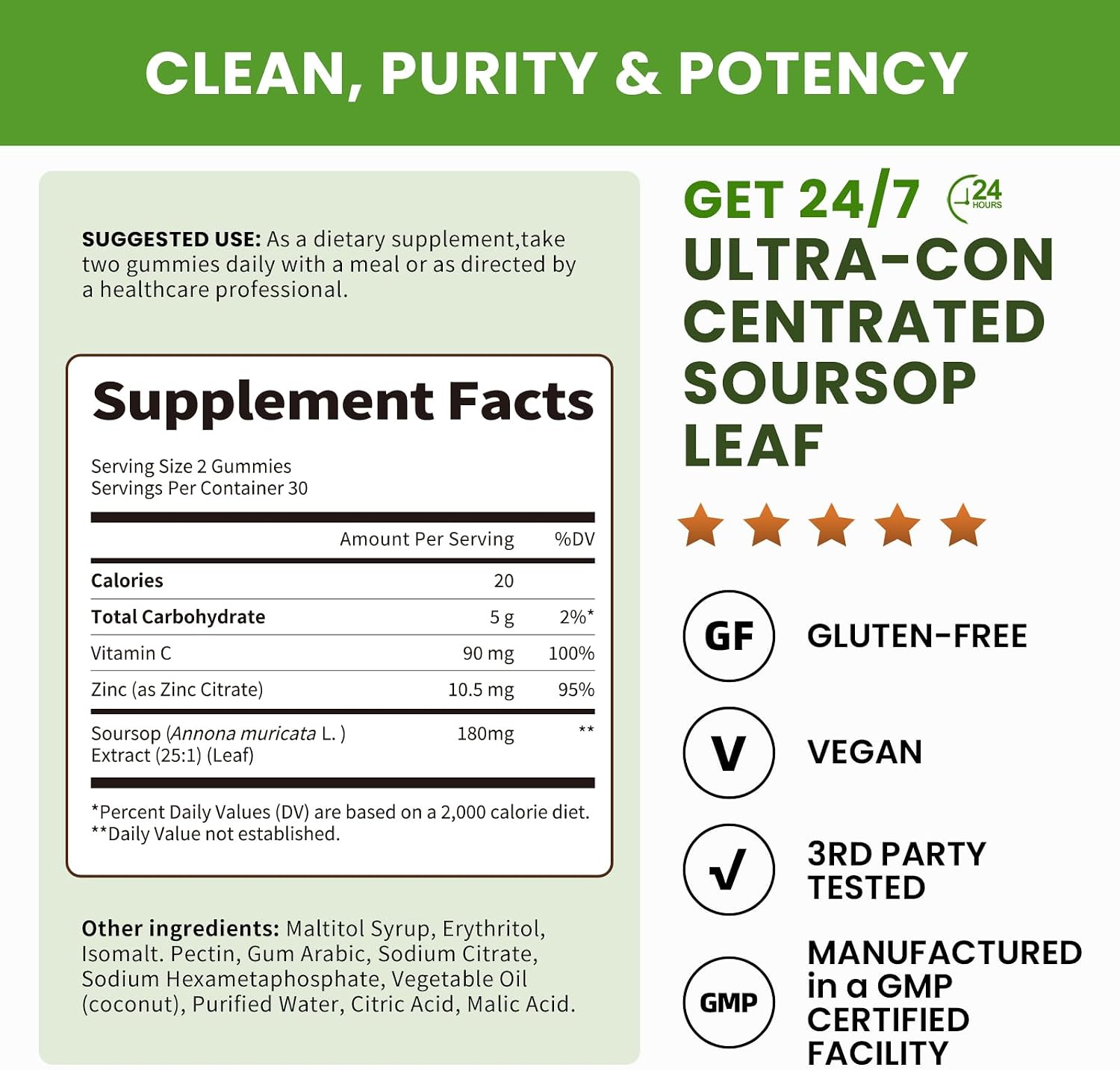 (2 Pack) Soursop Graviola Gummies - Concentrated Soursop Leaf Extract with Vitamin C, Zinc & Whole Natural Food for Immunity, Liver, Calming & Antioxidant, Sugar Free, Gluten-free, Vegan, 60 Gummies - görsel 2