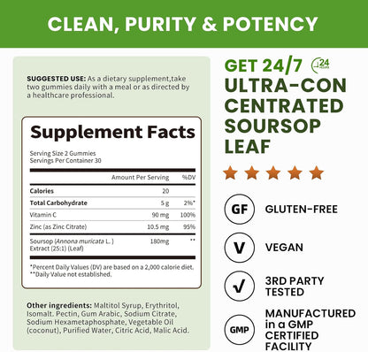 (2 Pack) Soursop Graviola Gummies - Concentrated Soursop Leaf Extract with Vitamin C, Zinc & Whole Natural Food for Immunity, Liver, Calming & Antioxidant, Sugar Free, Gluten-free, Vegan, 60 Gummies