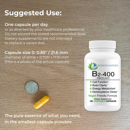 EcoIntegratives B2-400 Pure Riboflavin – Nervous System Health, Energy, Metabolism & Cell Function (120 Capsules)