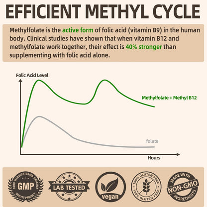 L-Methylfolate 15mg Plus Methyl B12 - 12-in-1 Methylated B9 & B12 Supplement, 120 Vegan Capsules