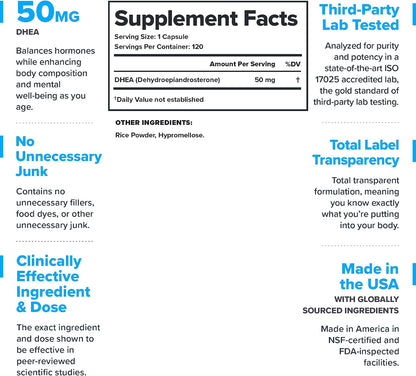 LEGION DHEA 50mg Supplement – Hormone Support & Wellness, Vitality Support, Non-GM, Soya-Free, Gluten-free (120 Capsules)