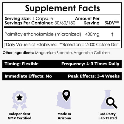 Nootropics Depot Palmitoylethanolamide (PEA) 400mg Capsules – Micronised for Enhanced Absorption – Joint, Nerve and Cellular Support – 180 Capsules