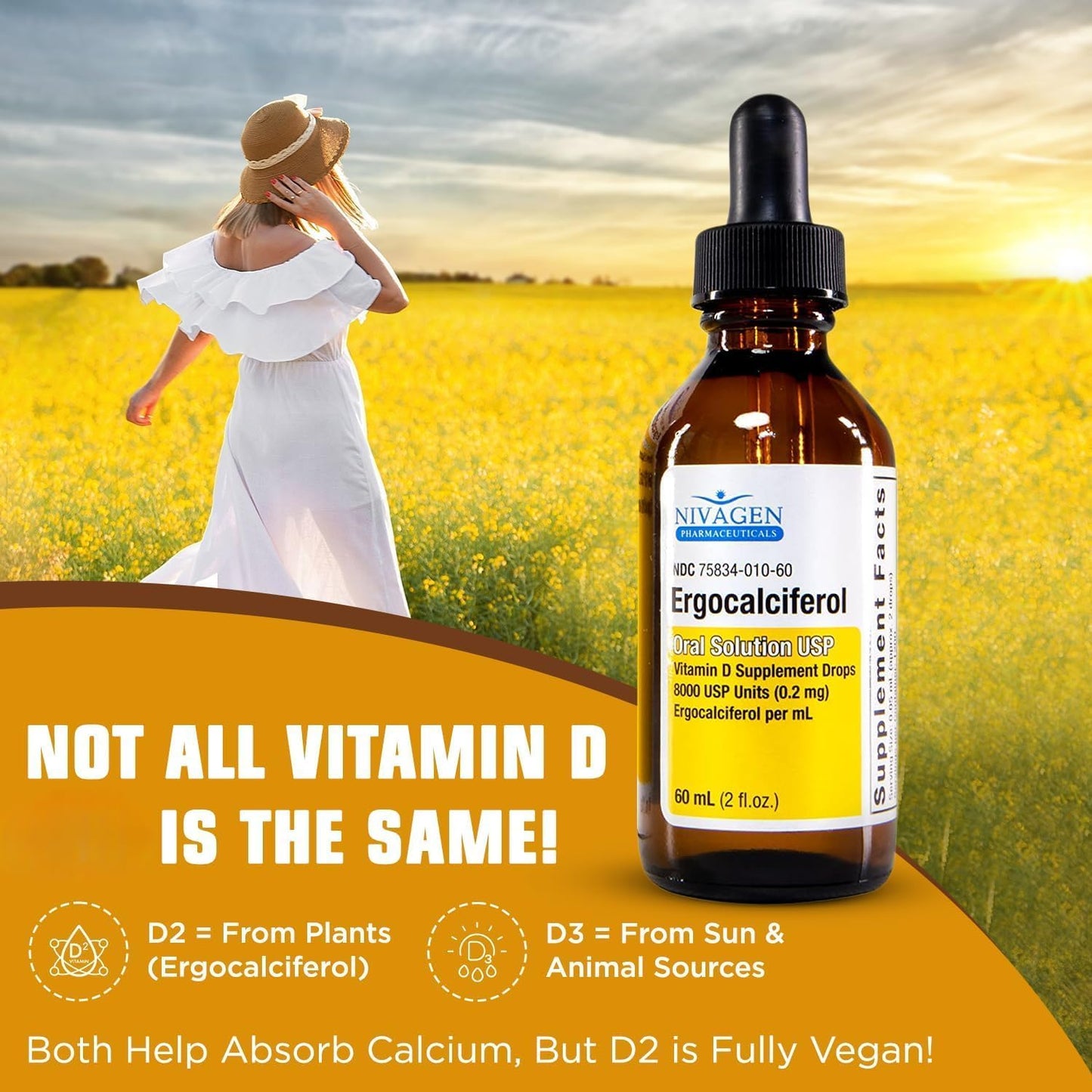 Nivagen Vitamin D2 Liquid Drops – 8,000 USP (Ergocalciferol) – 400 IU per Serving – 2 fl oz (60 ml) – 1,200 Servings - görsel 3