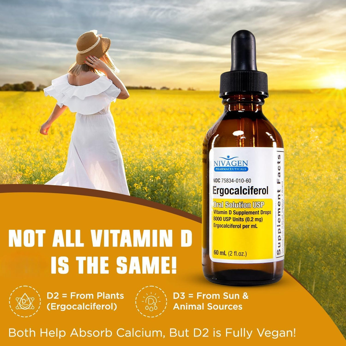 Nivagen Vitamin D2 Liquid Drops – 8,000 USP (Ergocalciferol) – 400 IU per Serving – 2 fl oz (60 ml) – 1,200 Servings - görsel 3