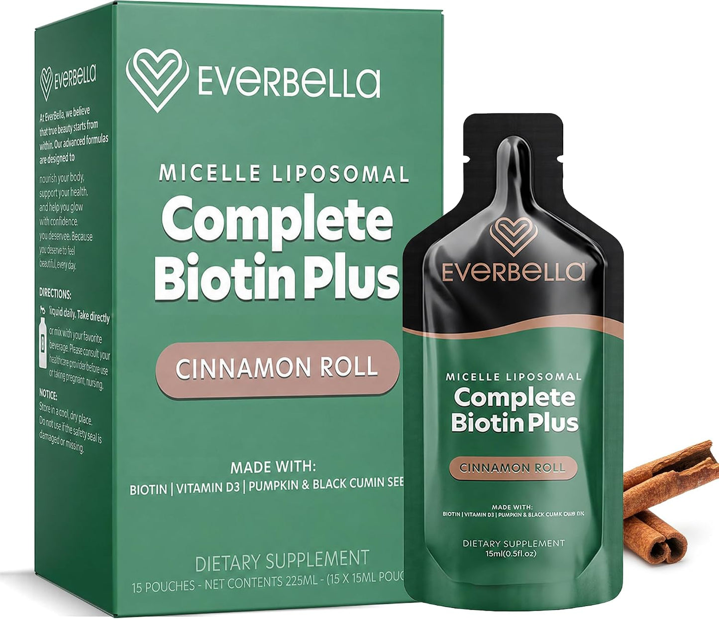 Complete Biotin Plus Liposomal Liquid Pouches - Hair, Skin & Nail Support with Biotin, Pumpkin Seed Oil & Vitamin D3 - Cinnamon Roll Flavour - 15-Day Supply - görsel 1
