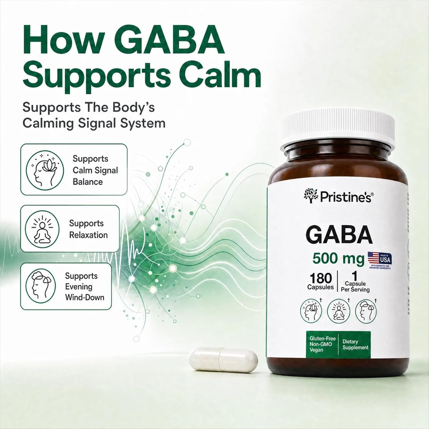 PRISTINE'S GABA 500mg Sleep Support Supplement - 180 Capsules - Calm Mind & Relaxation - görsel 3