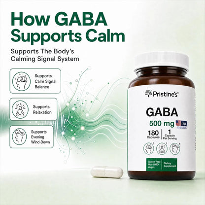 PRISTINE'S GABA 500mg Sleep Support Supplement - 180 Capsules - Calm Mind & Relaxation
