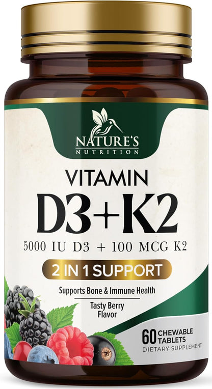 Vitamin D3 K2 Supplement | 5000 IU D3 + 100 mcg K2 (MK-7) | Chewable Tablets - Berry Flavour