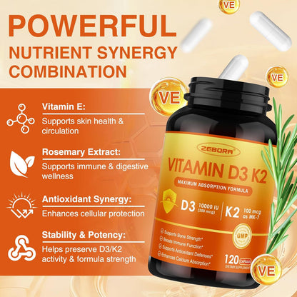 ZEBORA Vitamin D3 K2 10,000 IU + 100 µg K2 MK-7 – 120 Capsules