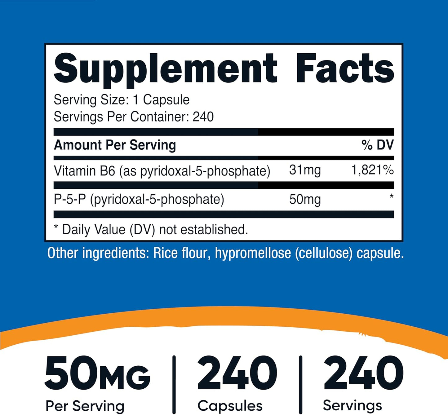 Nutricost P5P (Pyridoxal-5-Phosphate) Vitamin B6 Supplement 50mg, 240 Capsules - görsel 2
