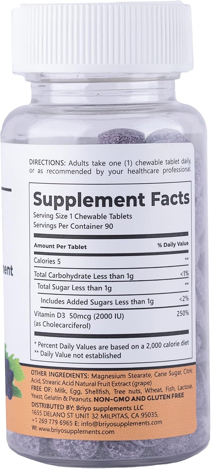 Briyosis Vitamin D3 2000 IU Chewable Tablets – Natural Grape Flavour (90 Tablets) - görsel 3