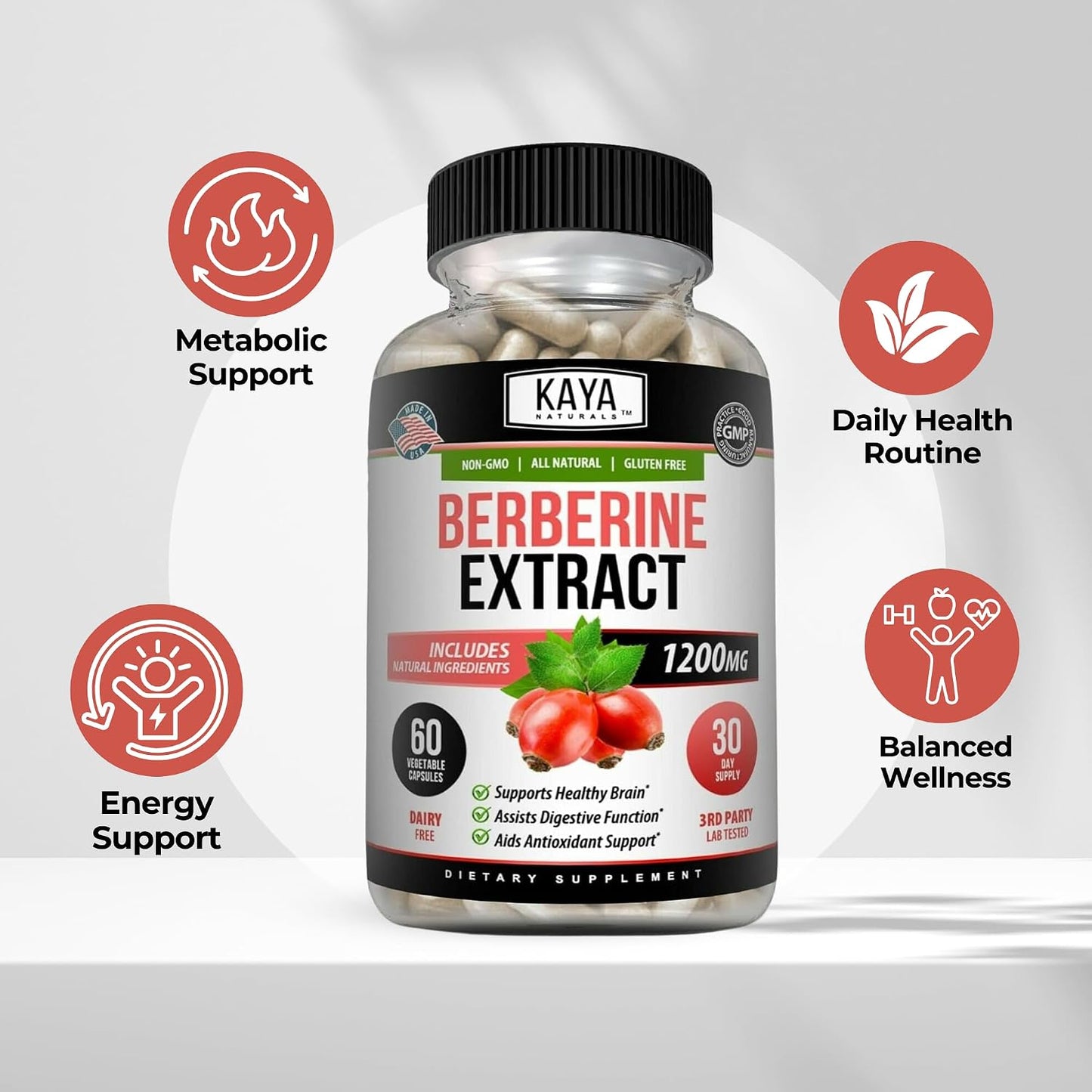 Kaya Naturals Berberine HCL Extract 1200mg - Immune System Support, Gluco Levels, Gut Health - Vegetarian, Non-GM & Gluten-Free (60 Capsules) - görsel 4