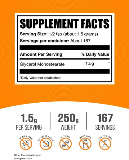 BulkSupplements.com Glycerol Monostearate Powder – Glycerol Supplement, Unflavoured, 1.5g per Serving, 250g (8.8 oz)