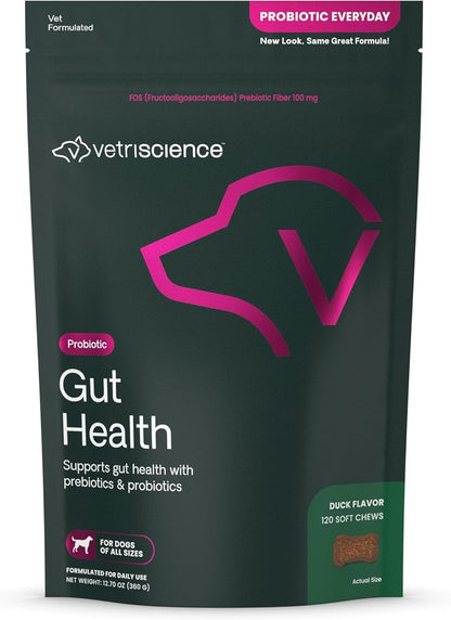 VetriScience Gut Health Chews - Probiotic Everyday Digestive Supplement for Dogs, Duck Flavour, 45 Chews