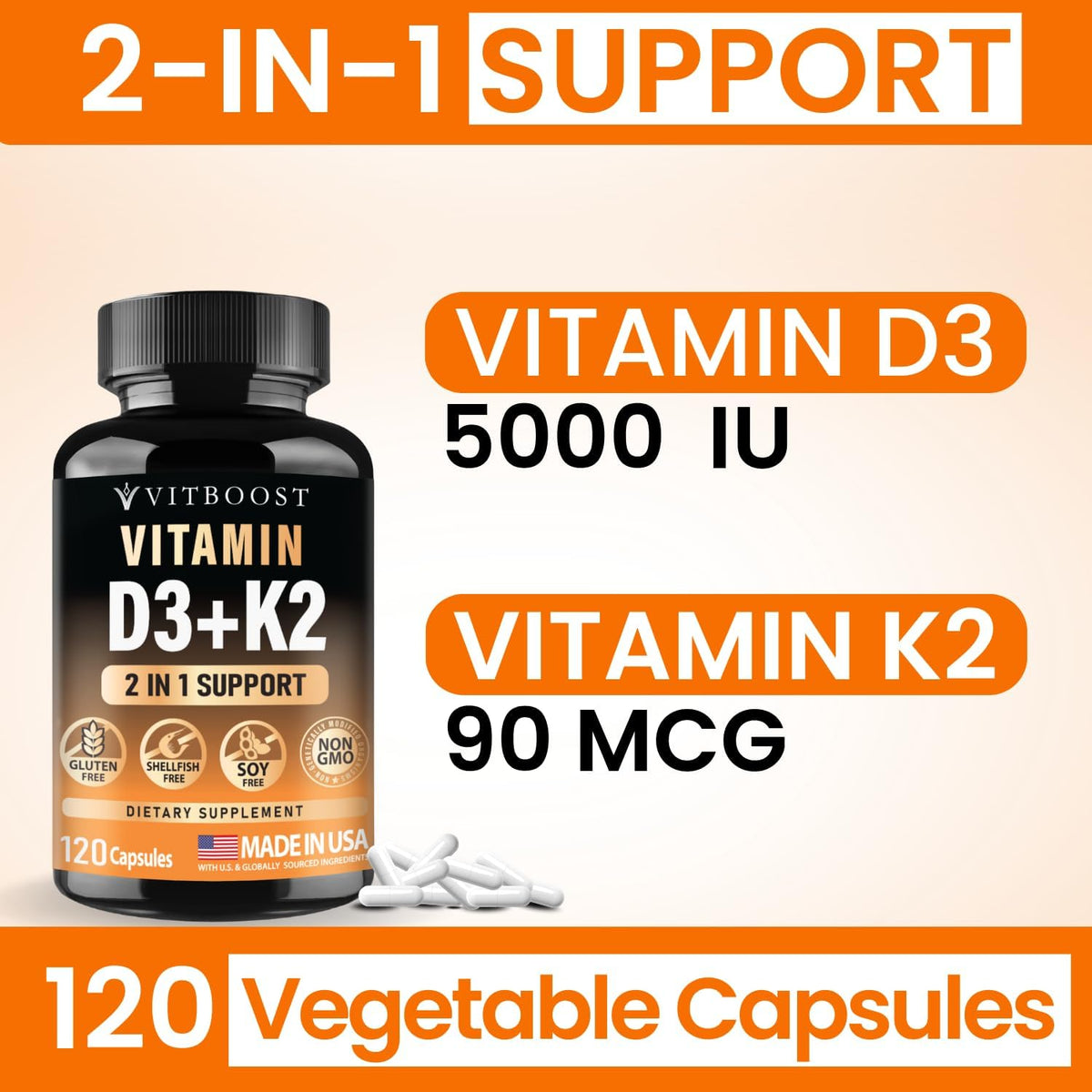 VITBOOST Vitamin D3 K2 Complex - 5000 IU D3 & 90 mcg K2 MK-7 - 120 Capsules - görsel 6