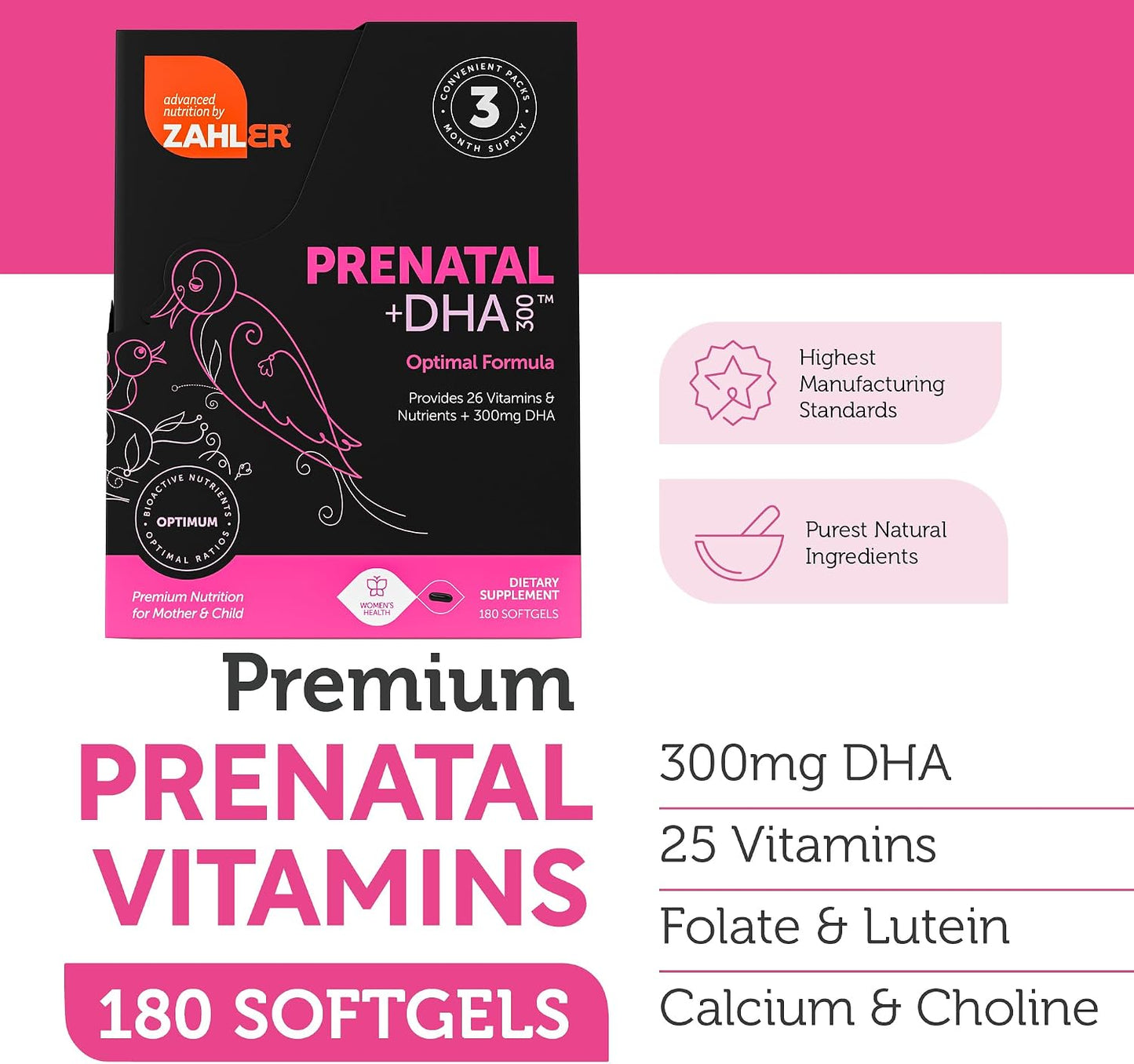 Zahler Prenatal +DHA 300 - Prenatal Vitamin with Methylated Folate & DHA for Pregnant Women - Support for Mum & Baby - Kosher, Gluten-free, Dairy-free - 180 Softgels - görsel 3
