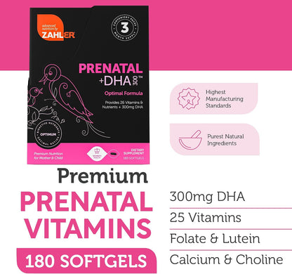 Zahler Prenatal +DHA 300 - Prenatal Vitamin with Methylated Folate & DHA for Pregnant Women - Support for Mum & Baby - Kosher, Gluten-free, Dairy-free - 180 Softgels