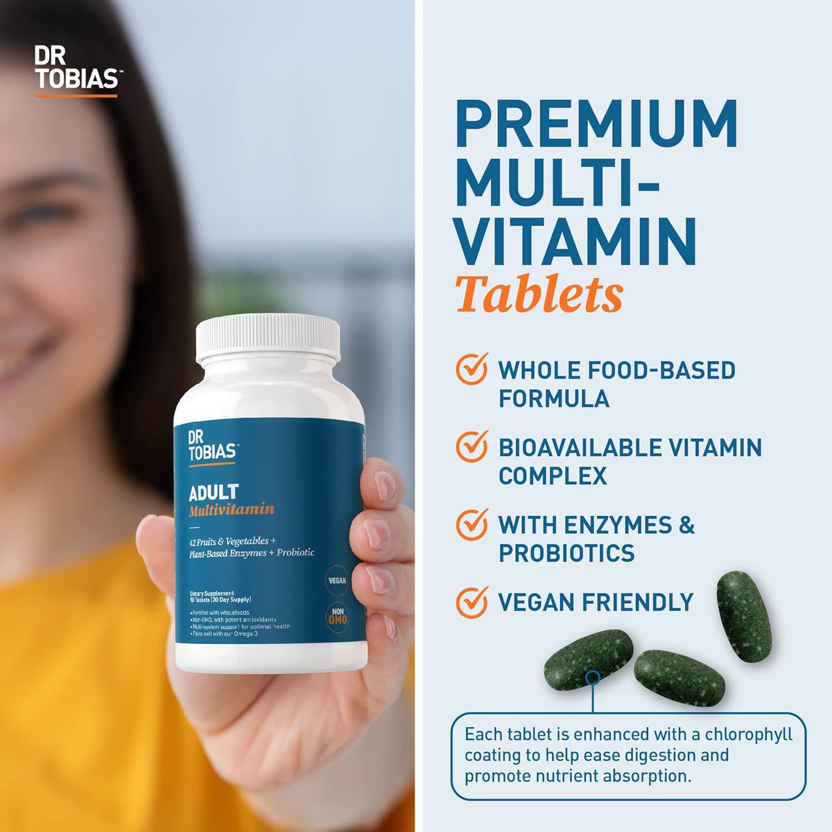 Dr. Tobias Adult Multivitamin for Women & Men – Immune Supporting Vitamins from 42 Fruits, Vegetables, Plus Probiotics, Vegan, Non-GMO (90 Tablets) - görsel 4