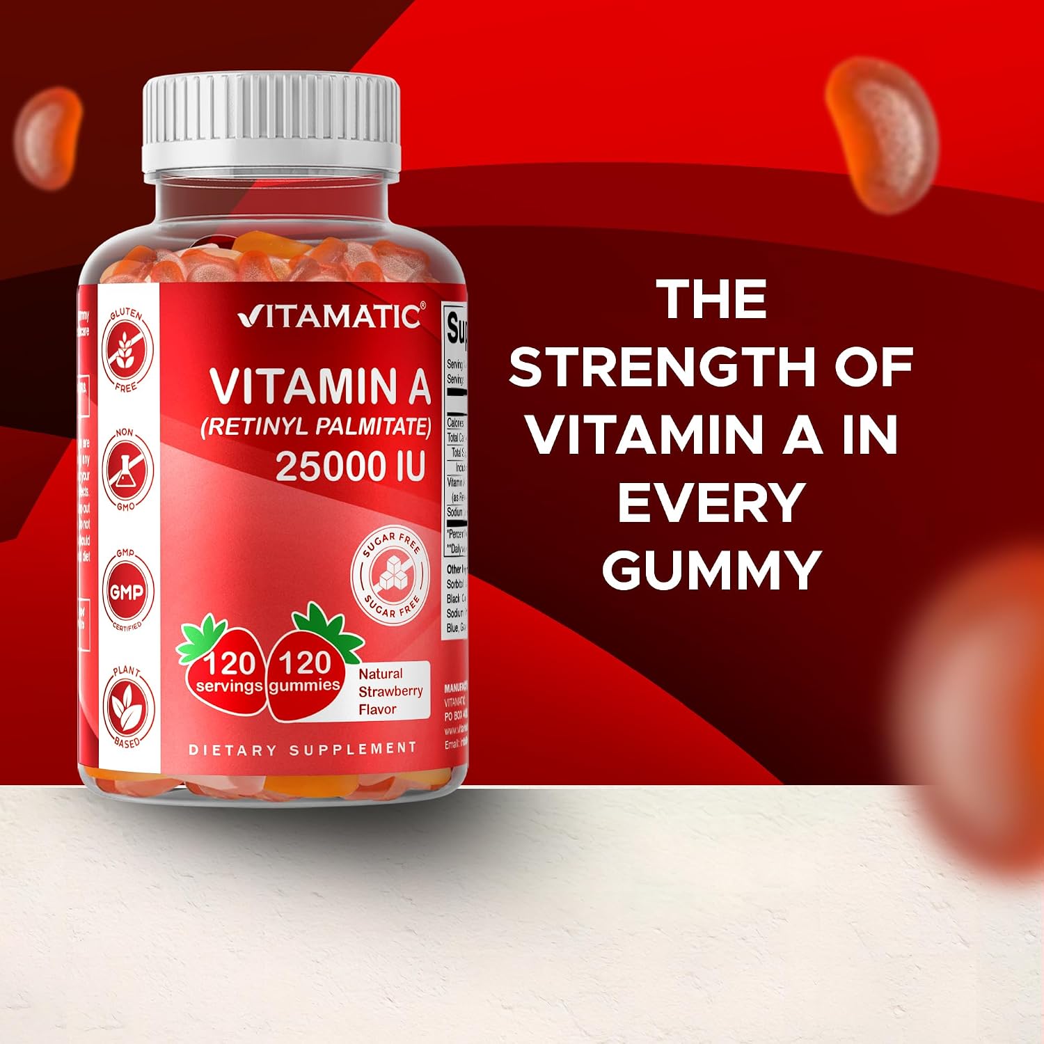 Vitamatic Vitamin A 25,000 IU Gummies – Sugar-Free Retinyl Palmitate – 1 Daily Gummy, 120 Servings – Natural Strawberry Flavour – Pectin Based – 120 Count - görsel 6