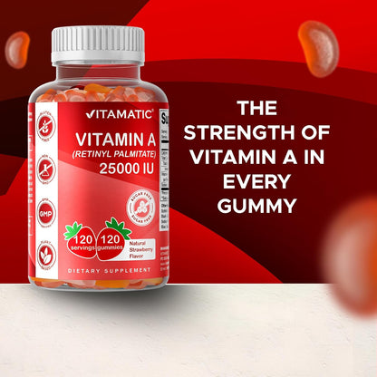 Vitamatic Vitamin A 25,000 IU Gummies – Sugar-Free Retinyl Palmitate – 1 Daily Gummy, 120 Servings – Natural Strawberry Flavour – Pectin Based – 120 Count
