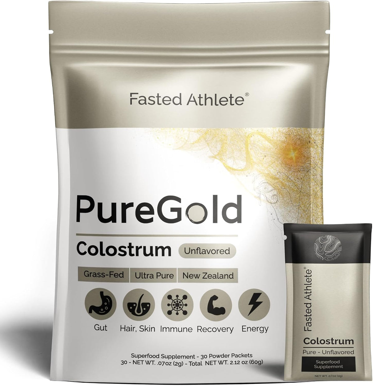PureGold Bovine Colostrum Powder – 100% Pure New Zealand Grass Fed, Supports Gut Health, Skin, Hair & Immunity – Unflavoured, 30 Travel Packets - görsel 1