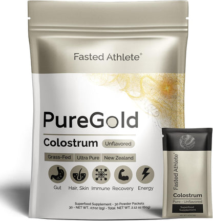 PureGold Bovine Colostrum Powder – 100% Pure New Zealand Grass Fed, Supports Gut Health, Skin, Hair & Immunity – Unflavoured, 30 Travel Packets
