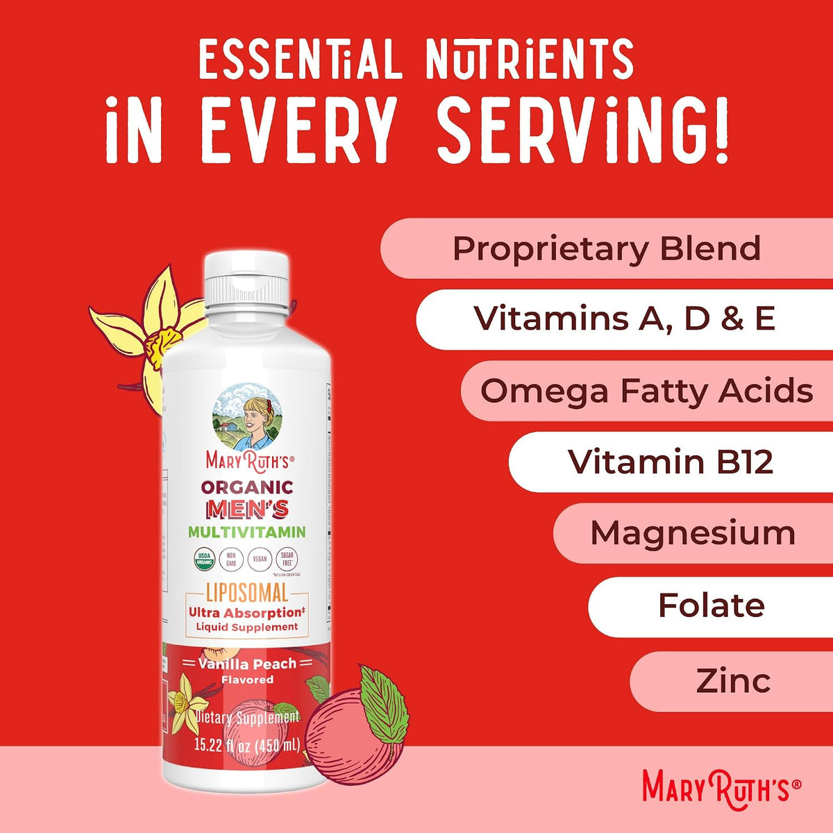 MaryRuth’s Multivitamin Liposomal for Men – Sugar Free Liquid Multivitamin with B Vitamins, D3, Omega 3 & 9 (15.22 fl oz) - görsel 7