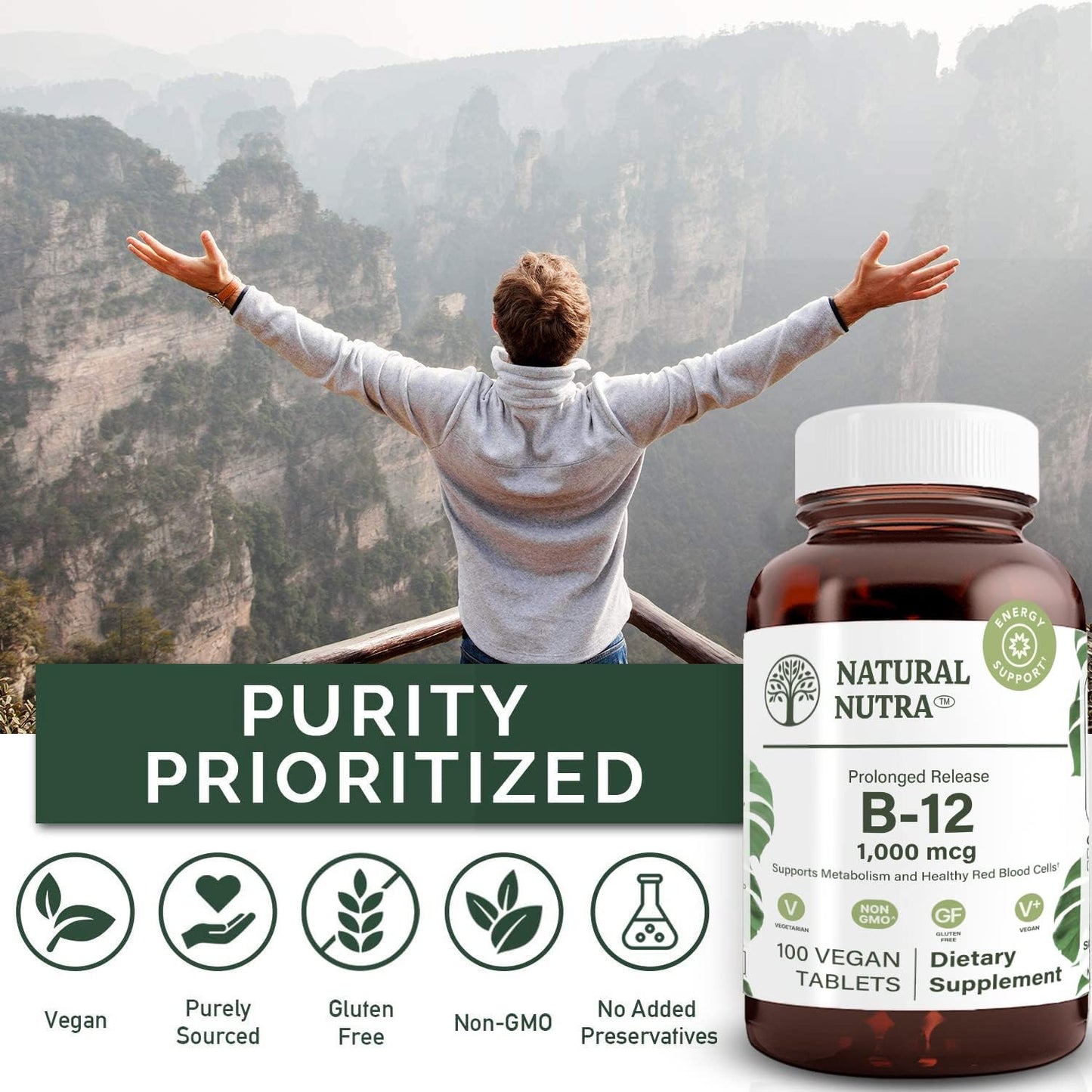 Natural Nutra Vitamin B12 1000 mcg – Slow-Release Cobalamin for Energy & Nerve Health, Vegan, Gluten-Free, 100 Tablets - görsel 4