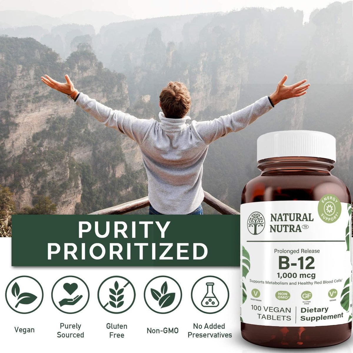 Natural Nutra Vitamin B12 1000 mcg – Slow-Release Cobalamin for Energy & Nerve Health, Vegan, Gluten-Free, 100 Tablets - görsel 4