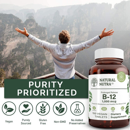Natural Nutra Vitamin B12 1000 mcg – Slow-Release Cobalamin for Energy & Nerve Health, Vegan, Gluten-Free, 100 Tablets