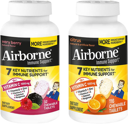 Airborne 1000mg Vitamin C + Zinc Chewable Tablets, Very Berry Flavour (2 Pack)
