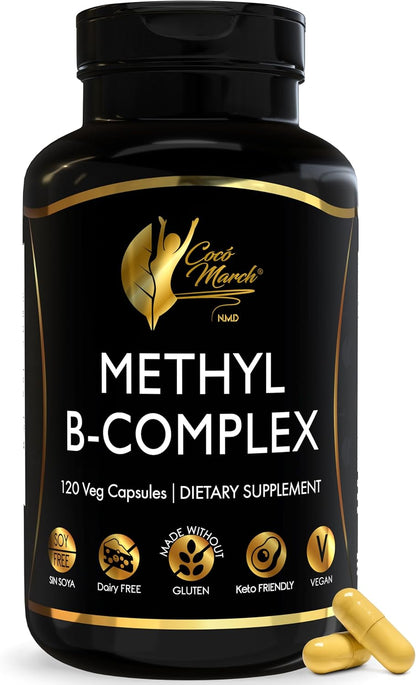 Cocó March N.M.D High Potency Methyl B Vitamins Active Complex - 5-MTHFR - Gluten-free, Soya-free, Dairy-free, Keto Friendly, Vegan - 120 Capsules