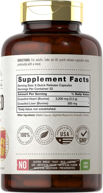 Carlyle Grass Fed Beef Heart Supplement - 3200mg - 200 Count - Desiccated Pasture Raised Bovine Capsules - Non-GMO, Gluten-free