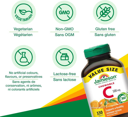 Jamieson Chewable Vitamin C 500mg, 330 Tablets, Tangy Orange