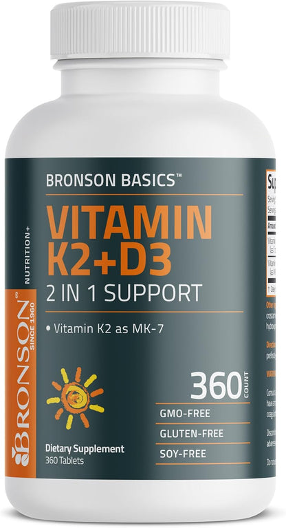 Bronson Vitamin K2 D3 (MK-7) Supplement - 5000 IU D3 & 90 mcg K2 - 360 Tablets