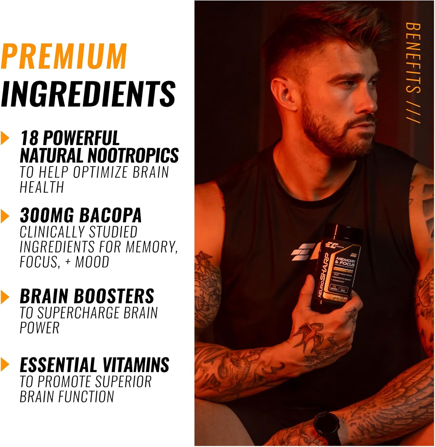 EC Sports NeuroSharp Powerful Nootropic Supplement for Focus, Faster Processing, Instant Positive Energy & Performance, Memory & Cognitive Support w/ 18 Nootropics - 90 Capsules - görsel 5
