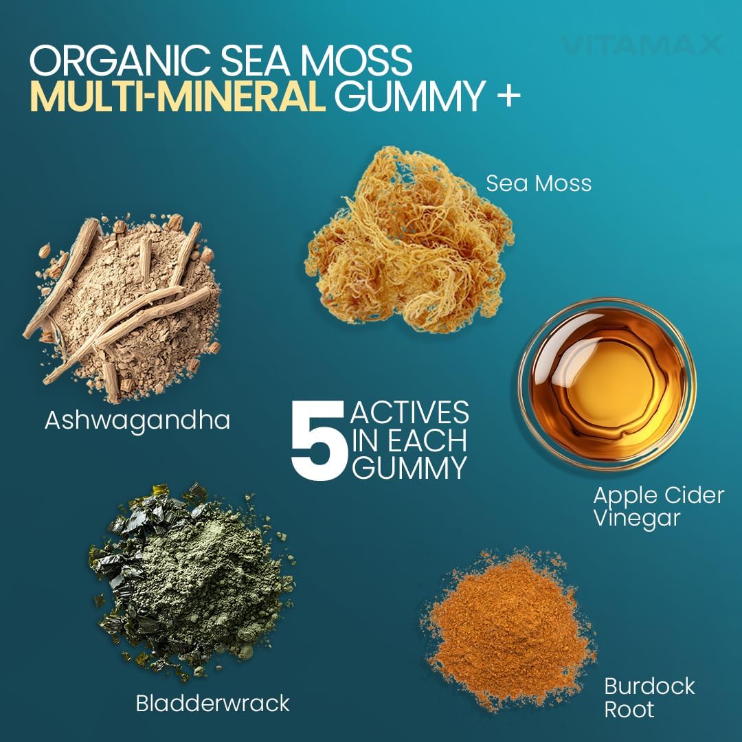 Vitamax Irish Sea Moss Gummies – Multi-Mineral Supplement with Sea Moss, Bladderwrack, Ashwagandha, Burdock Root & ACV – 60ct - görsel 2