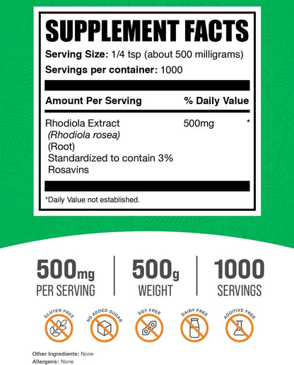 BulkSupplements Rhodiola Rosea Extract (3% Rosavin) - 500mg per Serving, 500g