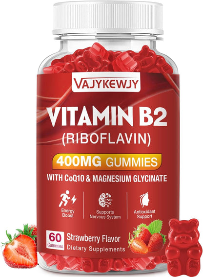 Vitamin B2 Riboflavin 400mg Gummies - Strawberry Flavour, Vegan, Non-GMO, Gluten-free - 60 Count