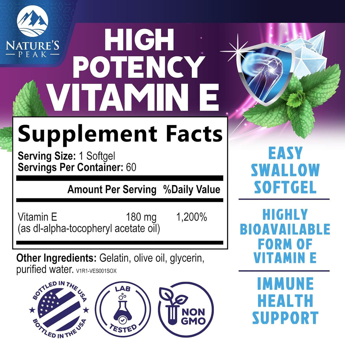 Vitamin E 180 mg Per Serving Soft gel capsules - DL-Alpha Tocopherol, Antioxidant Supplement for Skin, Heart, and Immune Support, Non-GMO & Gluten-free - 60 Soft gel capsules - görsel 2