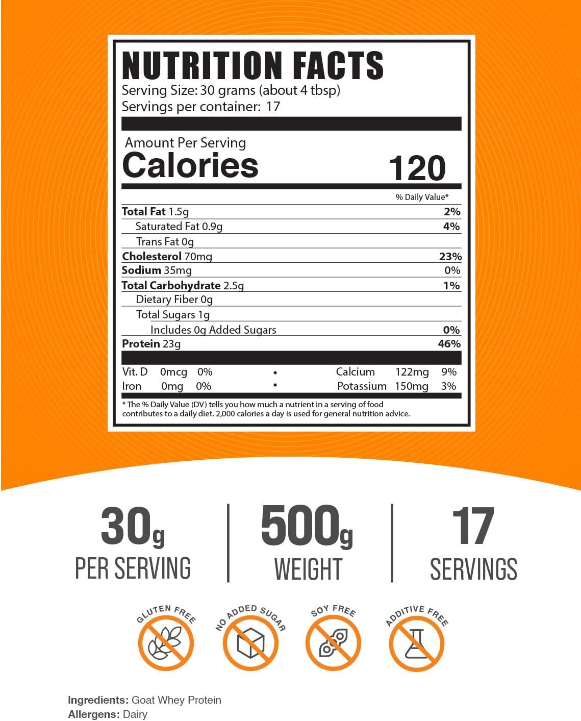 BulkSupplements.com Goat Milk Whey Protein Concentrate Powder - Unflavoured, Gluten-free, 30g per Serving, 500g - görsel 2