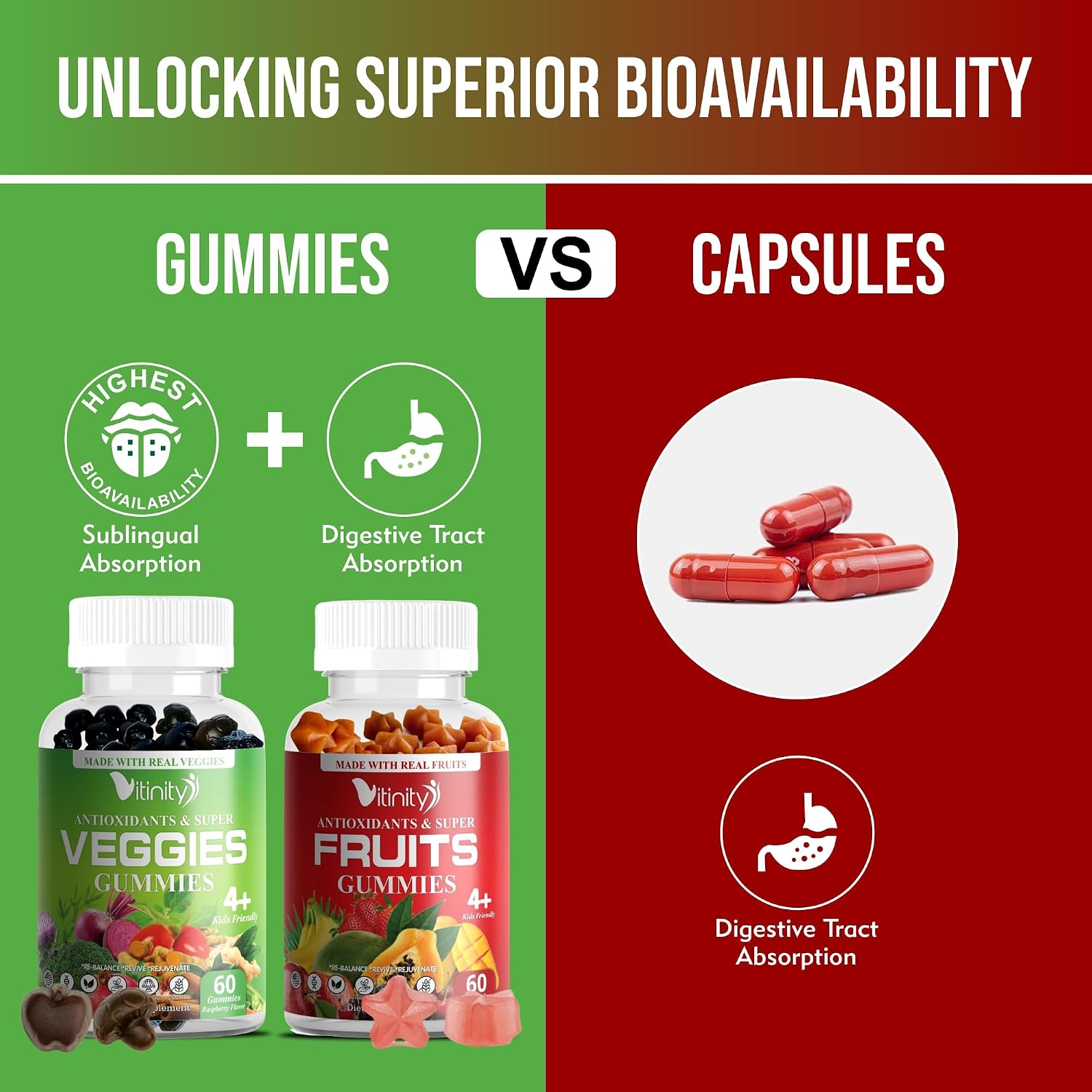 VITINITY Real Fruit and Veg Gummies - Superfood Food Supplement for Women, Men & Children - 60 Day Supply - görsel 3