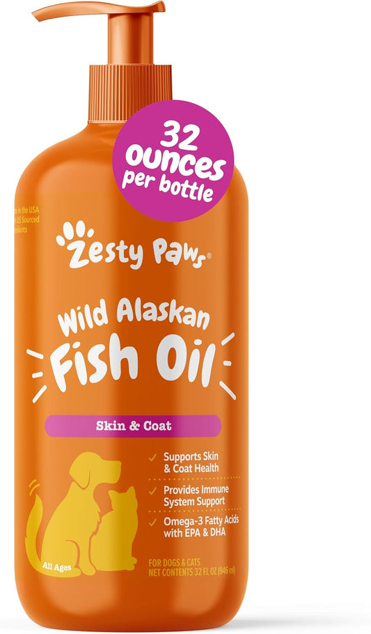 Zesty Paws Wild Alaskan Fish Oil for Dogs & Cats - Pollock & Salmon Oil Blend - Omega 3 Fatty Acids EPA & DHA for Pets - for Sensitive Skin + Coat Health - Immune System Support - 946 ml