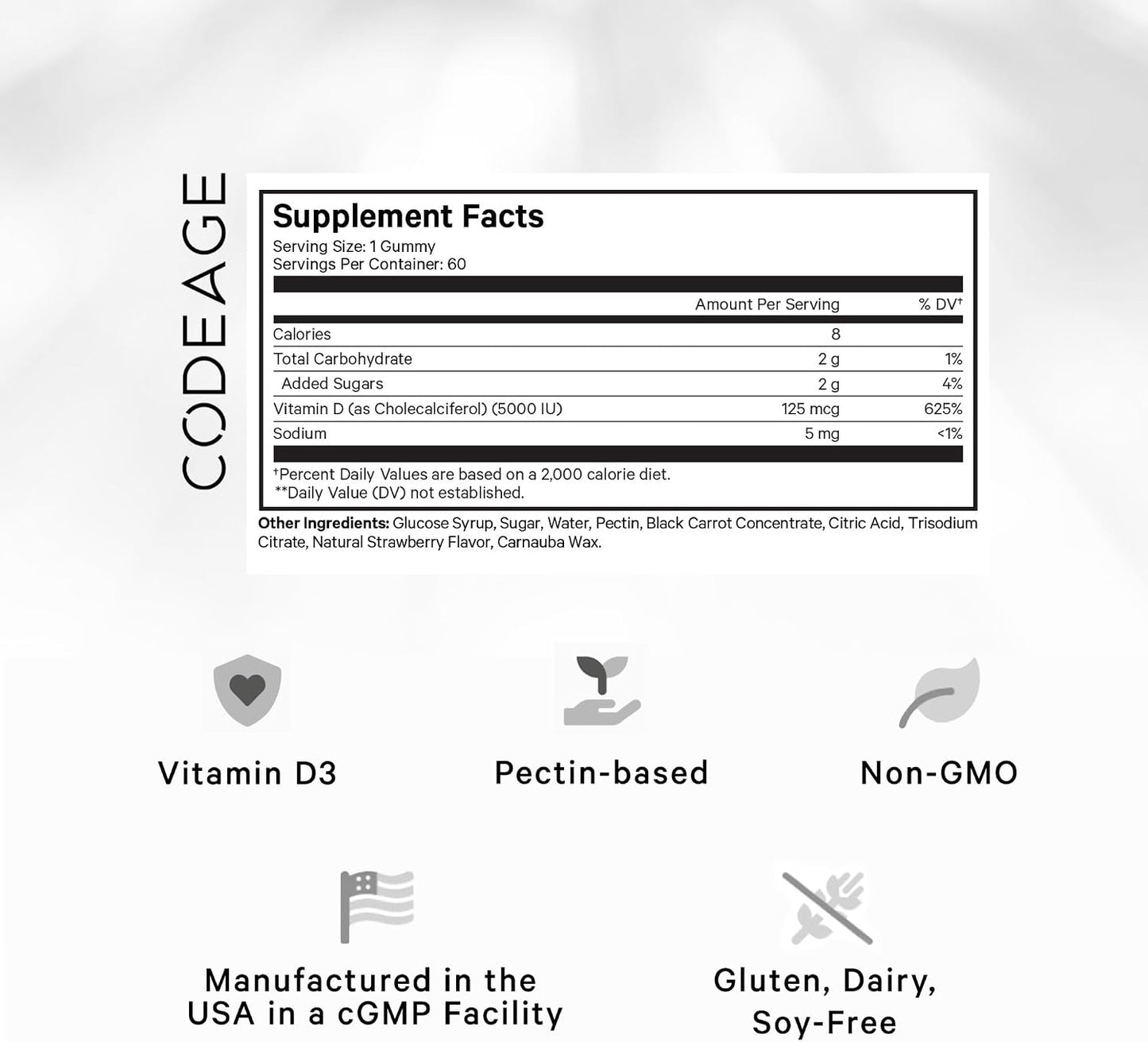 Codeage Vitamin D3 Gummies, 5000 IU Cholecalciferol, Pectin-Based, Strawberry Flavour, 60 Gummies - görsel 2
