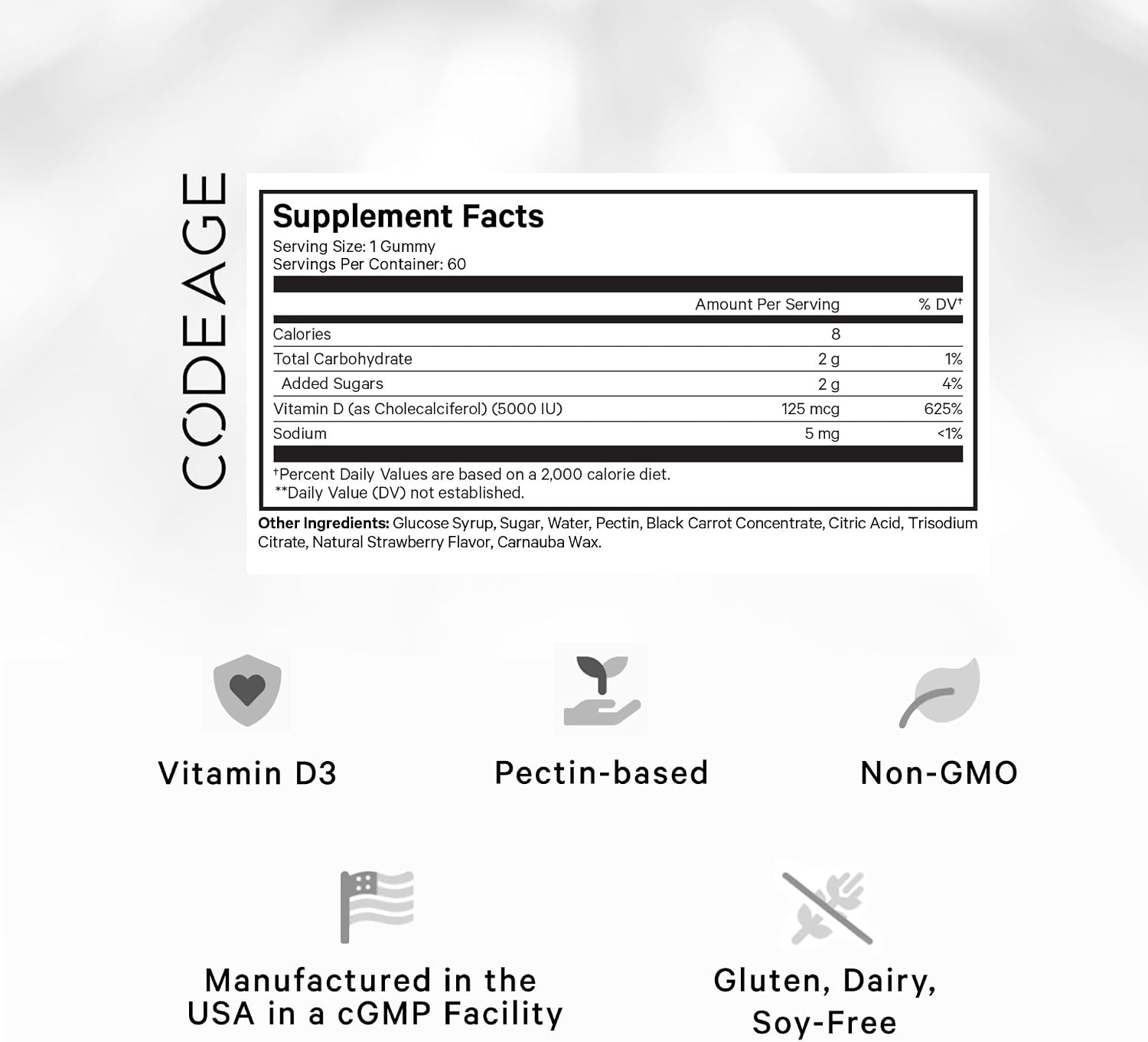 Codeage Vitamin D3 Gummies, 5000 IU Cholecalciferol, Pectin-Based, Strawberry Flavour, 60 Gummies - görsel 2